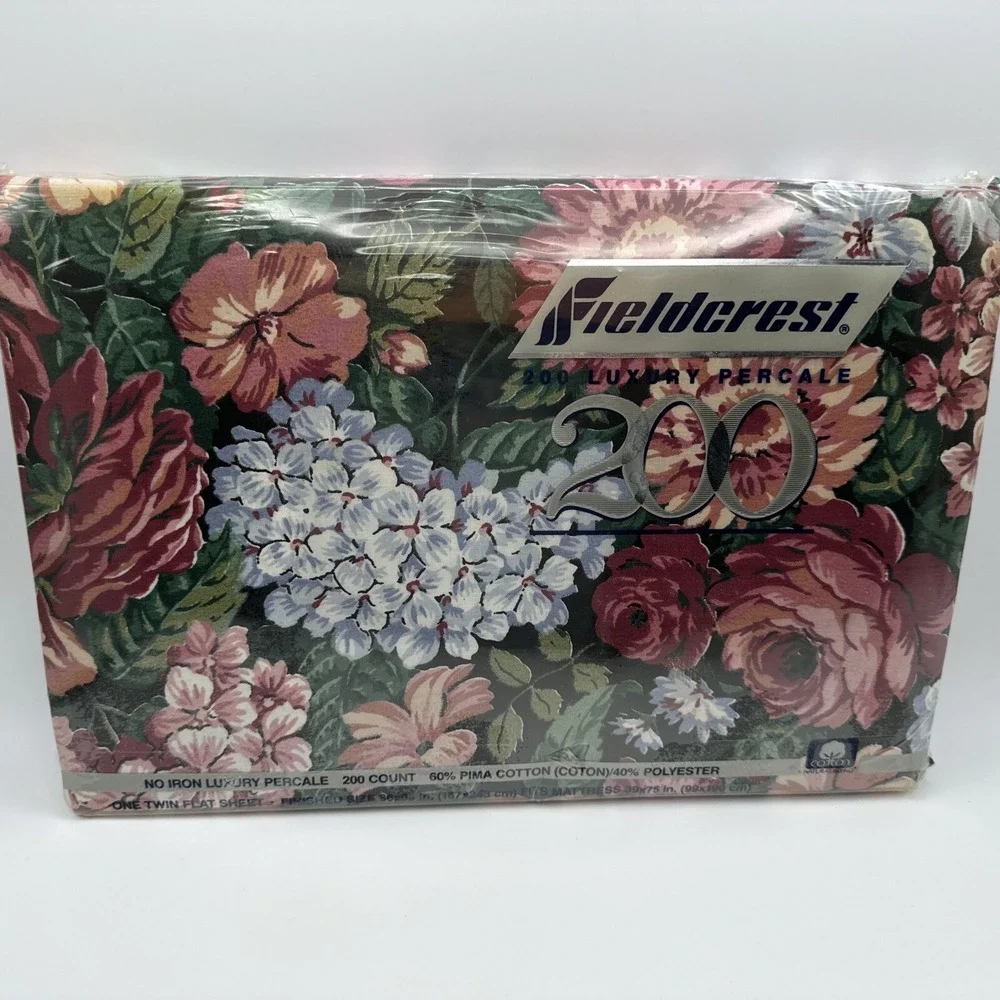 Fieldcrest Flat Sheet Twin Size Vintage 80s Floral Cottagecore Gazebo Pima Cotto